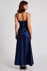 Marineblaues Satin Ballkleid mit Spaghettiträgern in A-Linie
